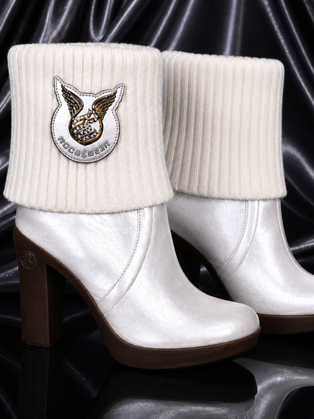 Rocawear Women's Metallic Pearl White Embroidered Heeled Boots